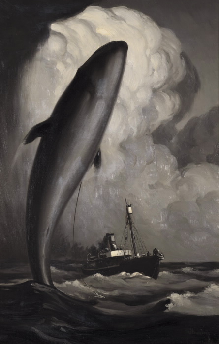 Oil painting showing large whale leaping out of water with boat and clouds in background