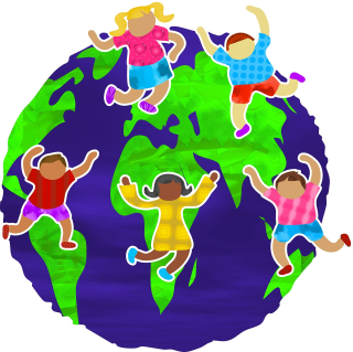 Children around a globe