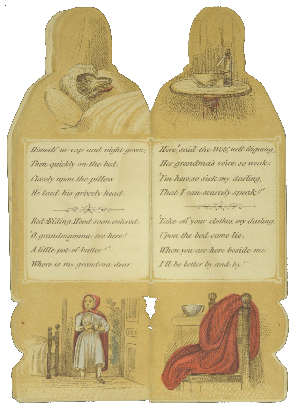 Shaped book opened revealing text and illustrations