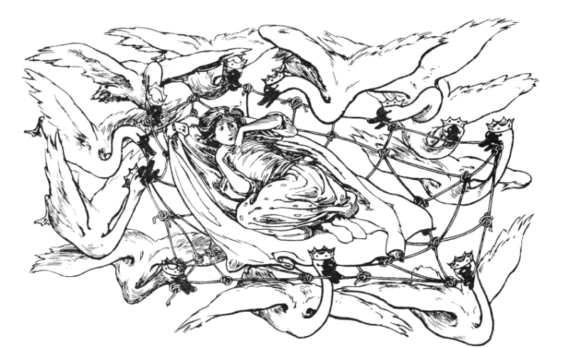 Swans carry a girl through the air in a sling