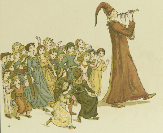 Children gathering behind Piped Piper playing music and leading the way