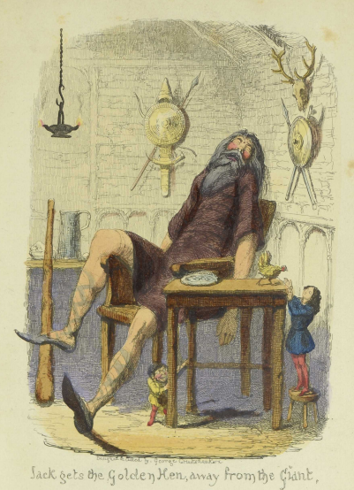 Illustration of sleeping giant and boy reaching up to hen on table with the text Jack Gets the Golden Hen Away from the Giant