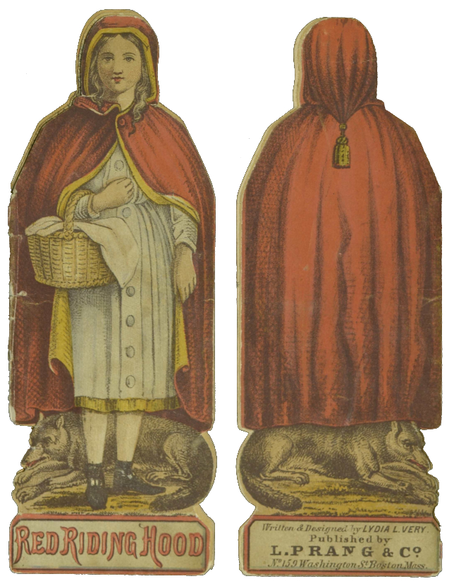 Side by side front and back book covers shaped like Red Riding Hood with a wolf underfoot