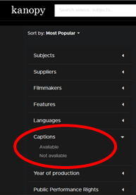 Kanopy's search filters with a red circle around the Captions filter Kanopy's search filters with a red circle around the Captions filter