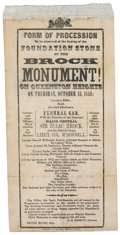Vintage flyer that reads in part Form of Procession to be observed at the Laying of the Foundation Stone of the Brock Monument on Queenston Heights on Thursday October 13 1853