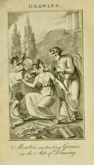 Illustrated page showing woman drawing alongside man on paper held by winged boy and the title Drawing