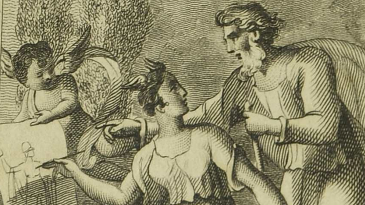Sketch of woman drawing alongside man on piece of paper held by winged boy