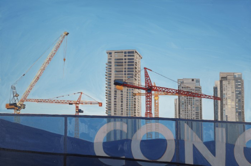 Four yellow and red cranes shoot up into the sky surrounded by several high rise buildings.
