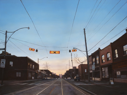 Painting of a city street. Painted from perspective of standing in the middle of the road looking towards a distant horizon with a crosswalk in the foreground.