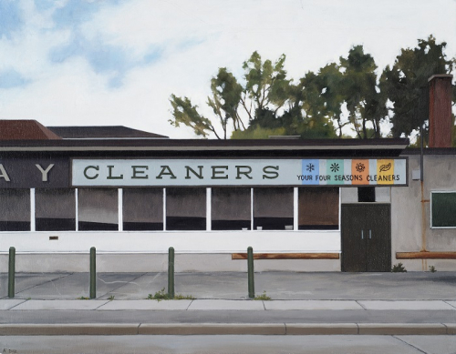 A photorealistic painting that focuses on the signage and empty parking lot in front of a dry cleaners. 