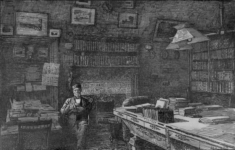 Sketch of interior of residential library with man sitting at table