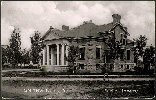 Carnegie library  seen from the corner with Smiths Falls written on it