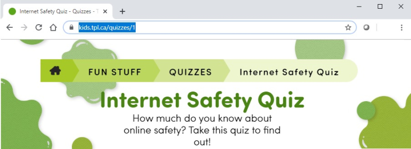 Browser window of TPL Kids Internet Safety Quiz