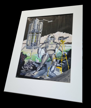 Matted unframed painting of astronaut in silver spacesuit front of early design for the NASA lunar lander