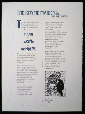 Poem featuring embossed blue lettering and a woodcut illustration of a bride and groom as skeletons.
