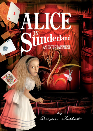Book Cover of Alice in Sunderland. Alice look back from the White Rabbit on a stage. 