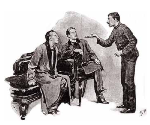 Black and white illustration of two men sitting down and man in uniform speaking to them