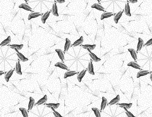 Pattern repeat of a snowbird on branch arranged into a spiral. Background of small dots. 