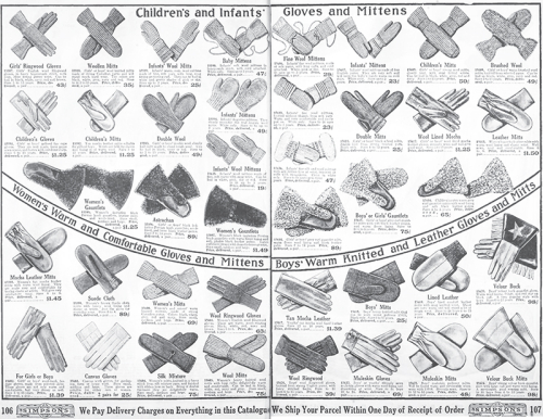 Open catalogue page spread showing dozens of pairs of gloves and mittens. Descriptions and prices below.