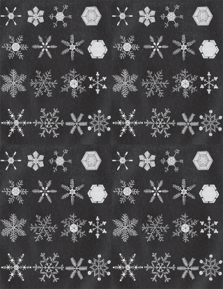Pattern repeat of illustrated snow crystals on dark background.