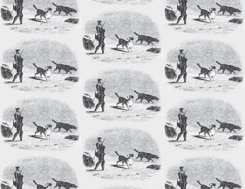Pattern repeat of frontispiece illustration of man with walking stick walking through snow with two dogs. 