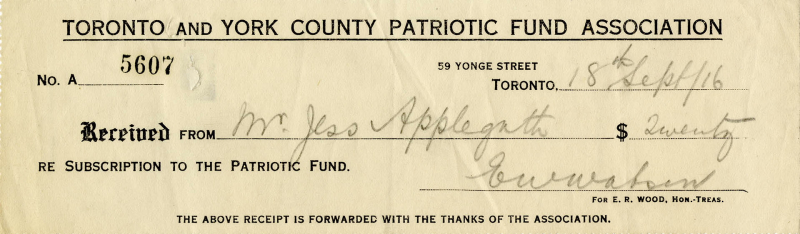 Vintage long rectangular slip reading Number A 5607 Received from Mr Jess Applegath re subscription to the patriotic fund with signature and small print reading the above receipt is forwarded with the thanks of the association.