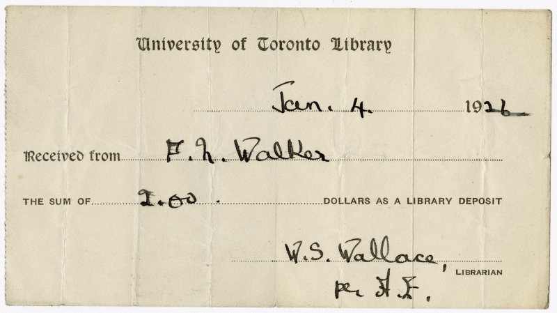 UofT Library deposit receipt for January 4 1926 with name and dollar amount filled in