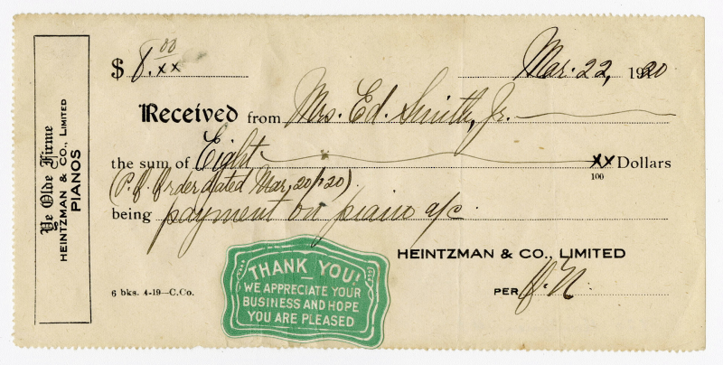 Heintzman payment receipt with multiple lines filled in with cursive writing indicating payment of eight dollars on March 22 1920 and a green stamp reading Thank You We Appreciate Your Business and Hope you are pleased