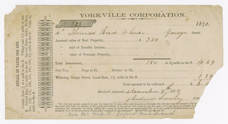 Ripped Yorkville Municipal Finances tax receipt with filled in number 238 and small print on side and bottom with address and financial fields to be filled out