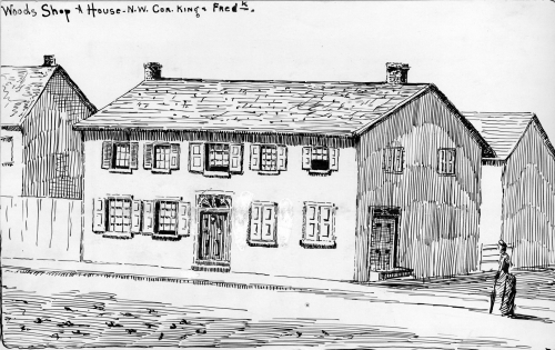 A simple line drawing of a two story business with shuttered windows. A woman walks towards it