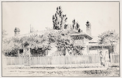 Black and white pen illustration of brick house with wood fence and trees