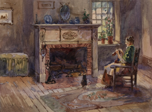 Interior of house with carpet on wood and a rocking chair with woman knitting in front of fire place