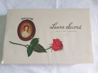 Cover of box of chocolates with portrait of young lady and rose and text reading Laura Secord