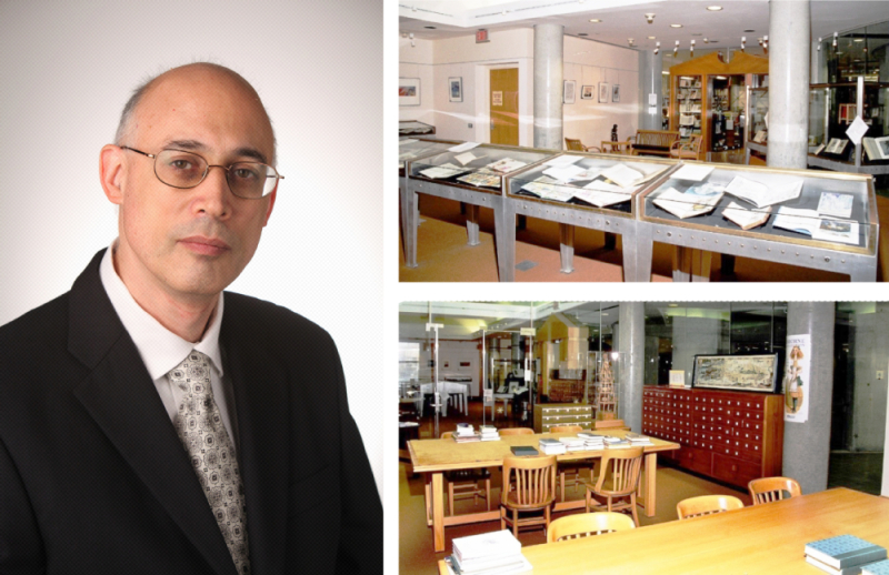 Three images including man in suit, a case of old books and a reading room