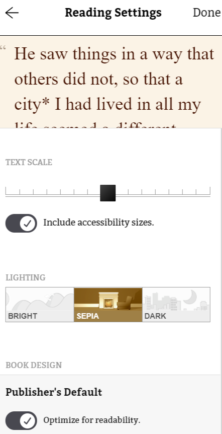 Reading Settings with larger font size and sepia lighting.