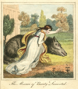 Beauty rushes to the garden where a wolf-like Beast lies close to death. Text at bottom reads "The absence of Beauty lamented.".