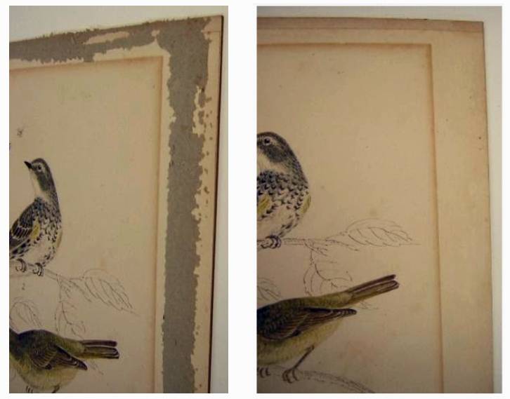 Side by side images of old paper drawings with the left one showing debris along border and the right image showing no debris along same border