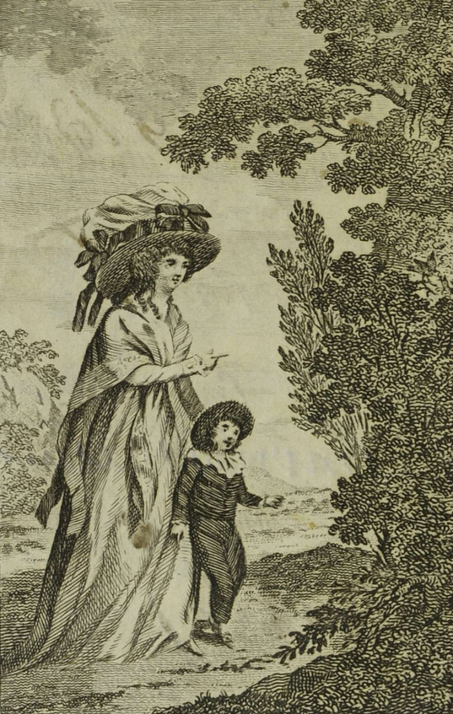 Black and white illustration of an 18th century woman and child in a garden.