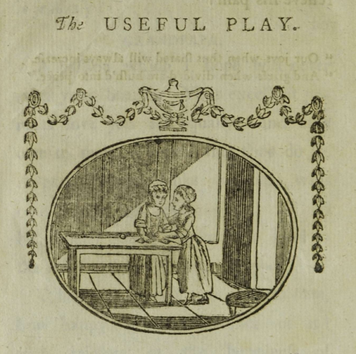 Black and white illustration entitled "The Useful Play" depicting two girls playing at a table.