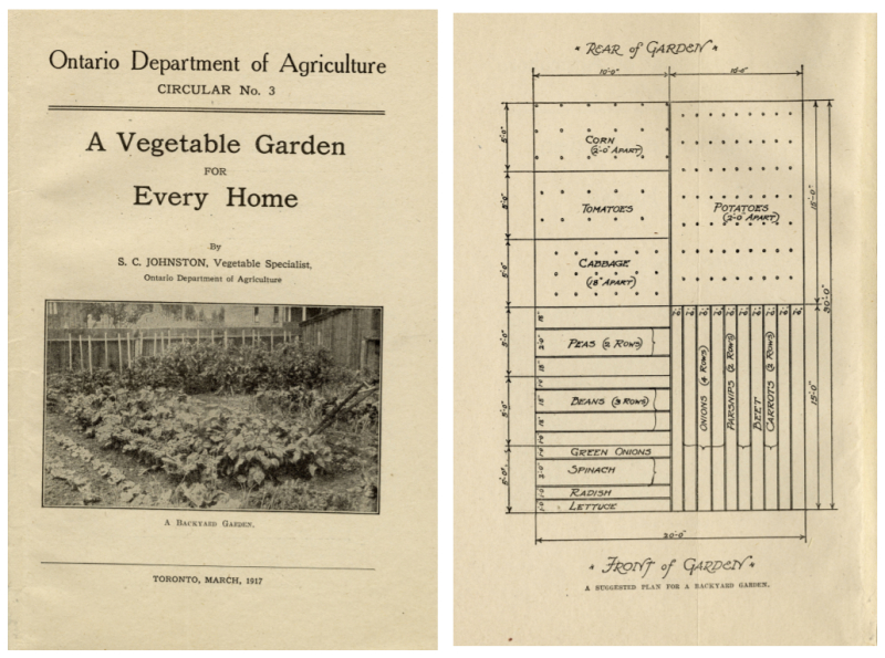 Two pages one with a black and white image of a garden and the other with an overhead diagram of a garden plot Two pages one with a black and white image of a garden and the other with an overhead diagram of a garden plot