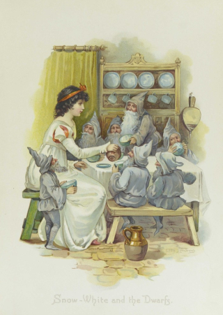 Snow White sits at a table with 7 bearded dwarfs dressed in grey