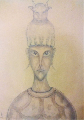 Pencil drawing on paper of a figure with long, angular facial features and a tall headpiece that looks like a horned mammal
