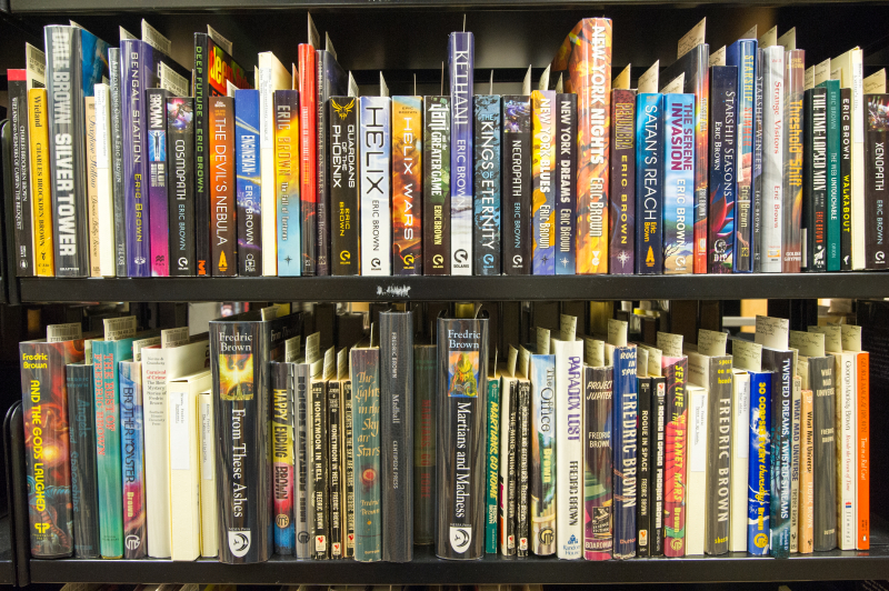 A portion of the stacks (bookshelves) that hold items in the Merril Collection.