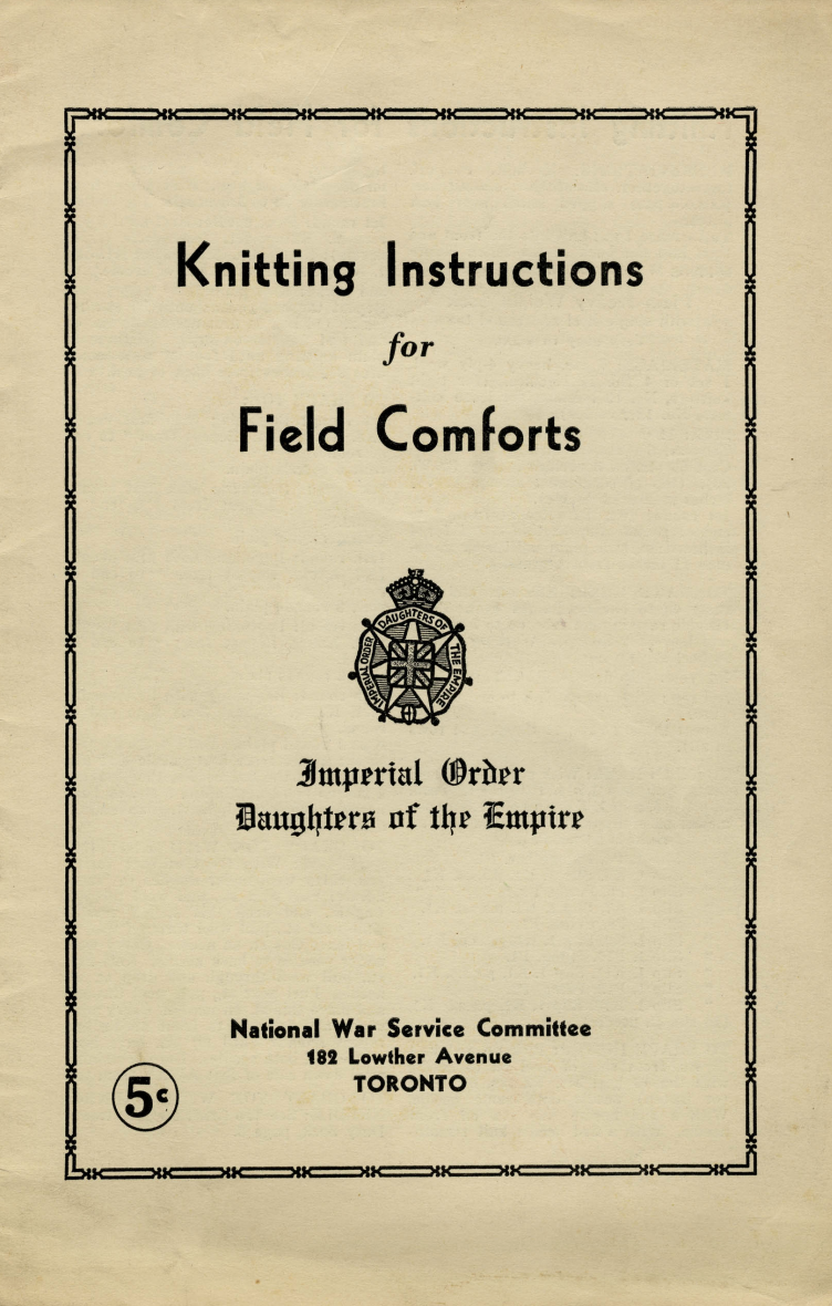 Book cover reading Knitting Instructions for Field Comforts and publication information along with five cent price