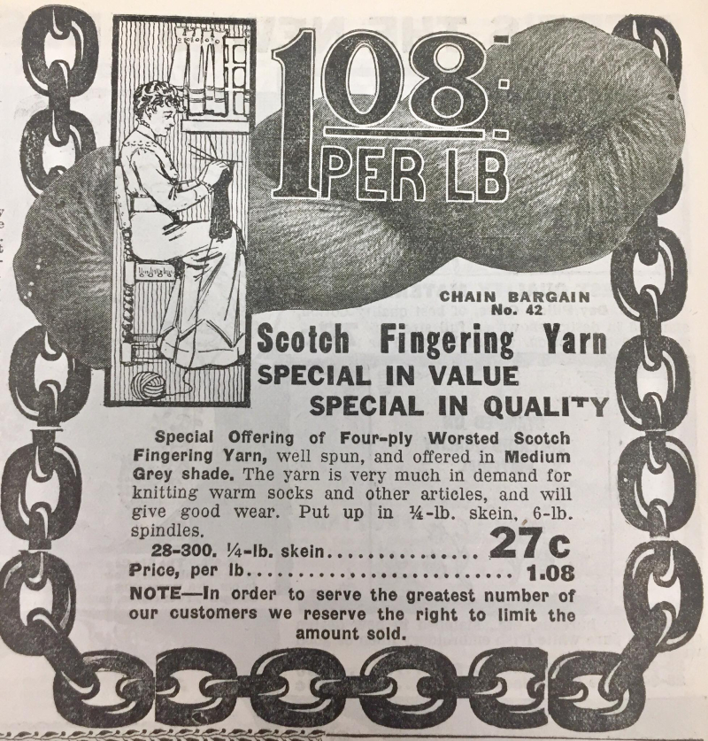 Vintage ad for yarn with illustration of woman knitting at home and the wording 1 0 8 per pund Chain bargain Number 42 Scoth Fingering Yarn Special in Value Special in Quality
