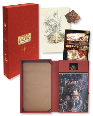 Open box set showing components including art books, art print and small resin sculpture of the Green Man