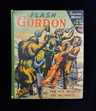Book cover of Flash Gordon in the Ice World of Mongo with illustration of characters in spacesuits fighting with figures dressed in fur 