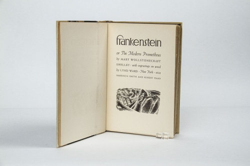 Interior title page of Frankenstein with wood engraved illustration