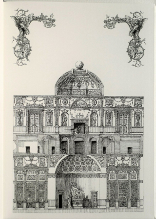Detailed pen-and-ink illustration of a mansion