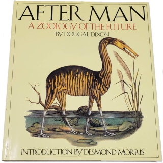 Book cover with surreal, imaginary long-necked animal with bird-like feet walking through shallow water. 